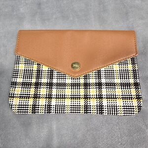Ipsy Envelope Style Tan With Yellow Black Plaid Women's Glam Bag Makeup Bag